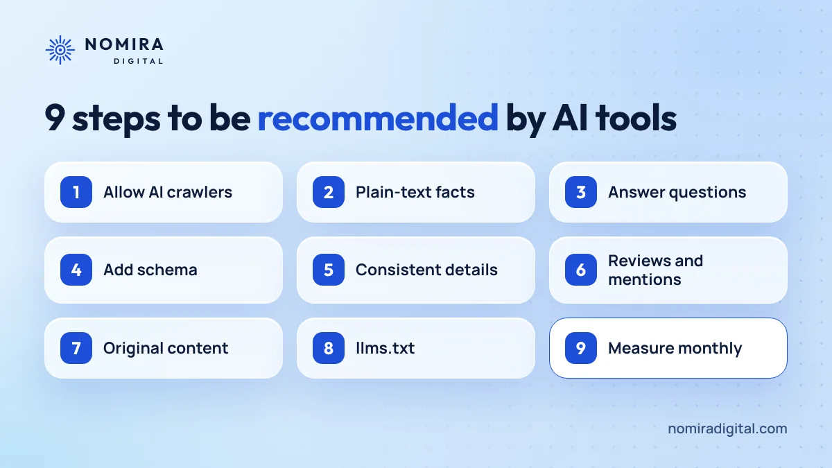 Nine steps to get a business recommended by ChatGPT: crawl access, plain facts, schema, reviews and mentions