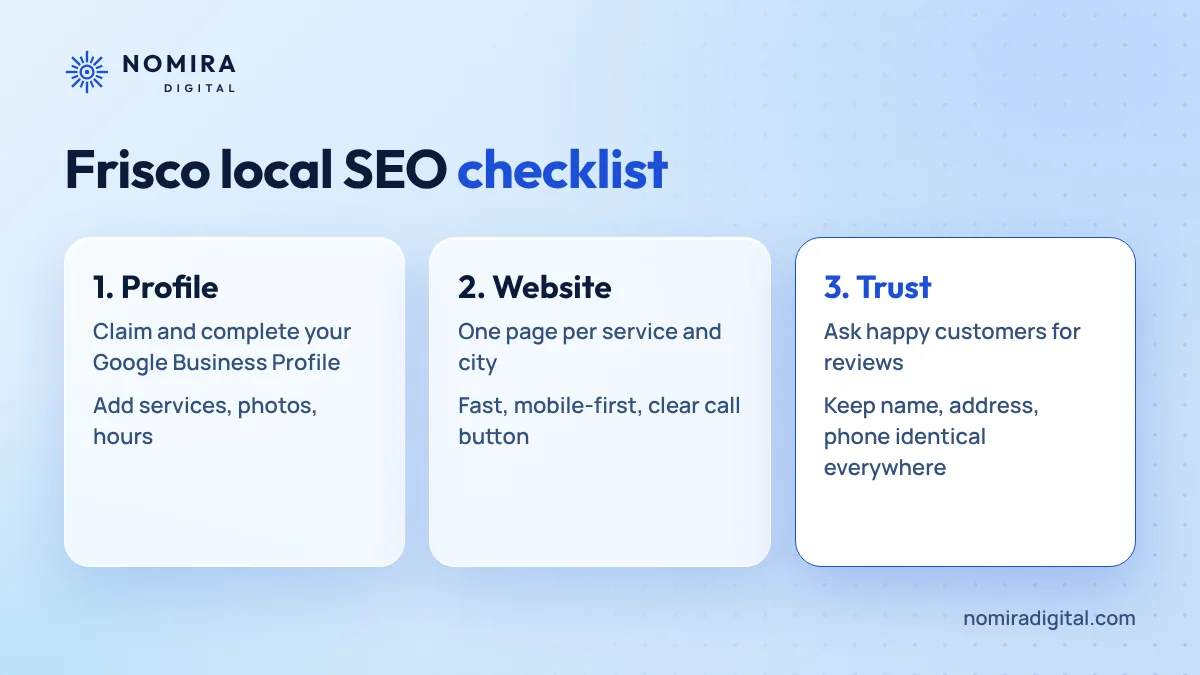 Local SEO checklist for Frisco Texas businesses: profile, website and trust